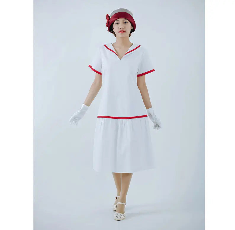 Cotton 1920s sailor dress made of pure white and red cotton poplin. This nautical dress can be worn as a 1920s garden party dress or Great Gatsby party dress.