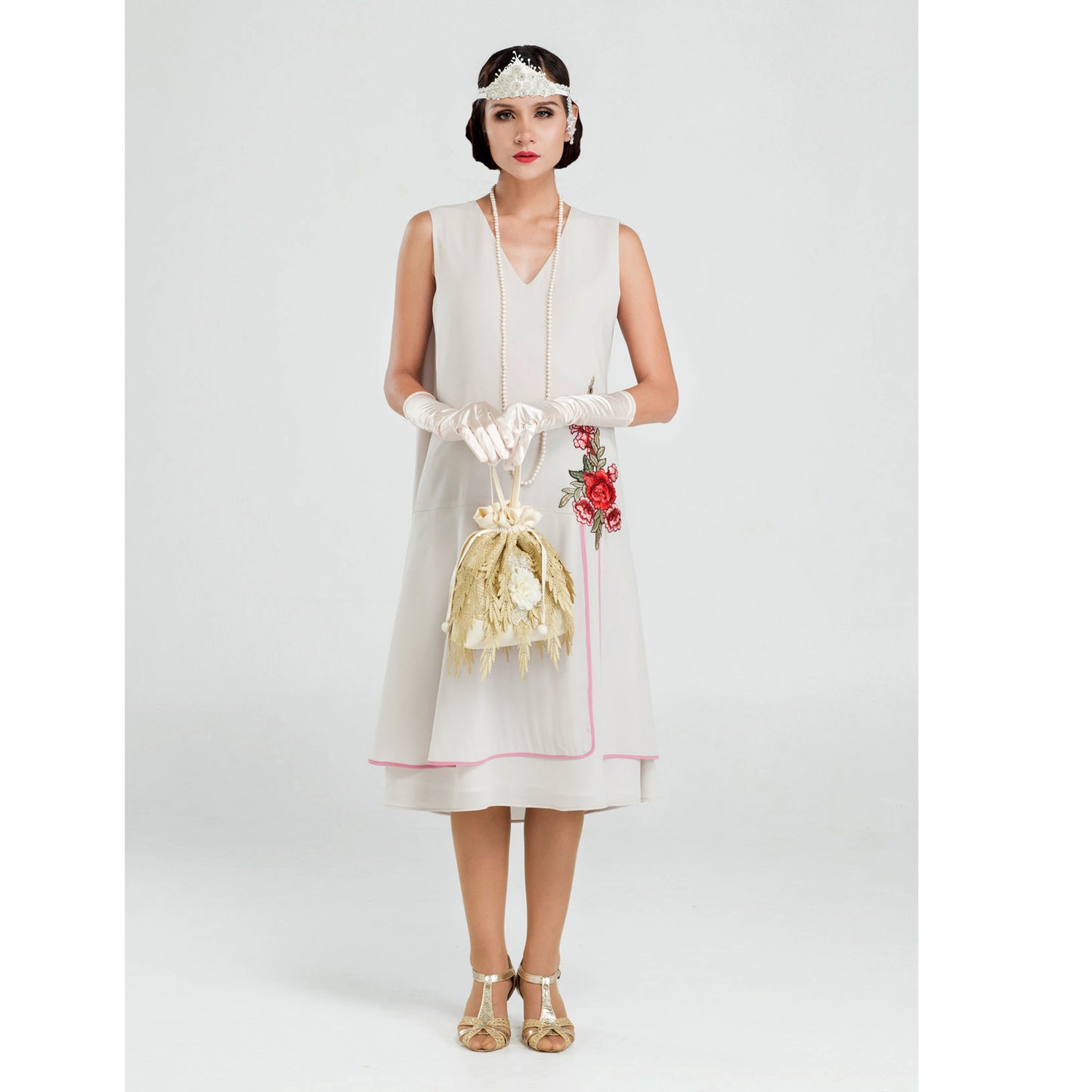 Chiffon roaring 20s dress in bleached linen color with shoulder train