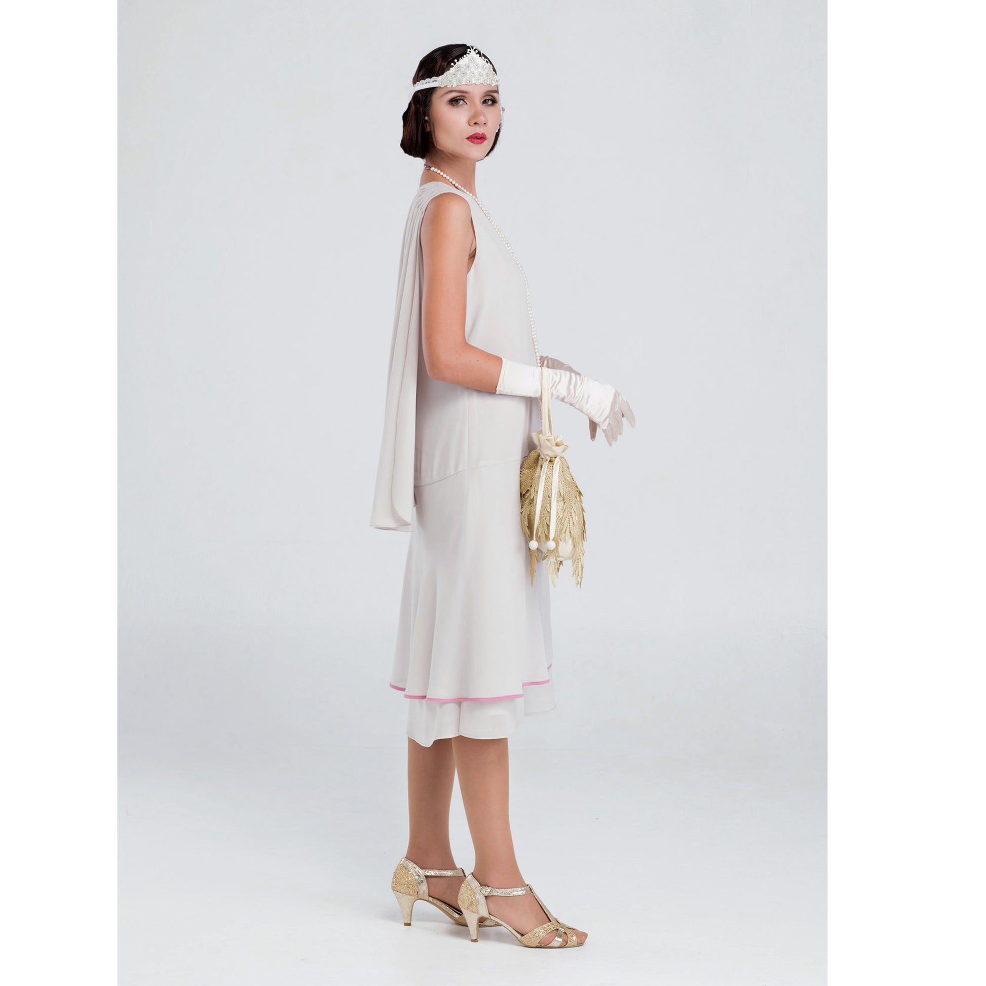 1920s party dress made of chiffon fabric in bleached linen color, This flapper can be worn as a Great Gatsby dress or a 1920s prom dress