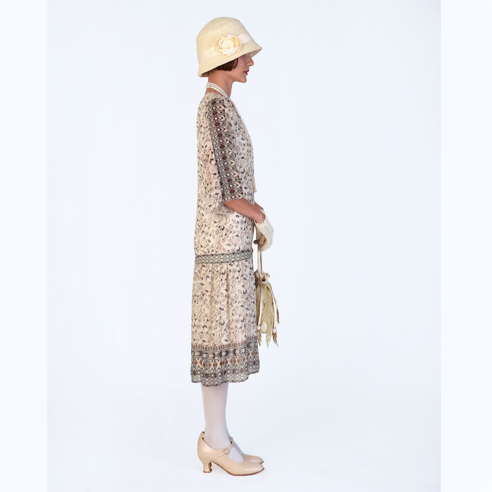 1920s high tea dress in printed cream chiffon with elbow sleeves – LaVieDelight