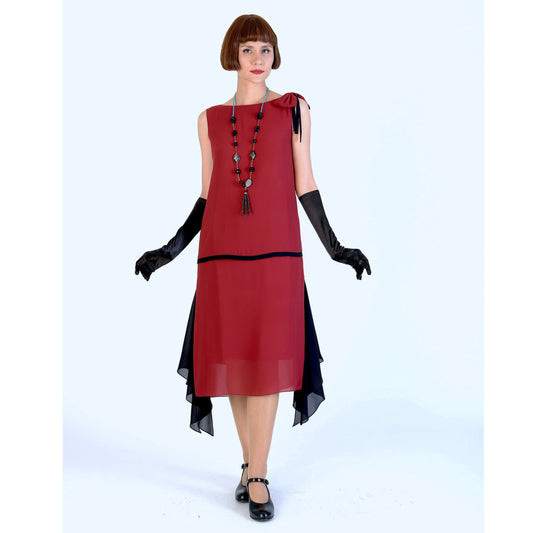 1920s party dress in maroon red chiffon with black details - a vintage-inspired Roaring Twenties dress