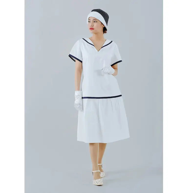 White cotton 1920s sailor dress with red or navy blue trim