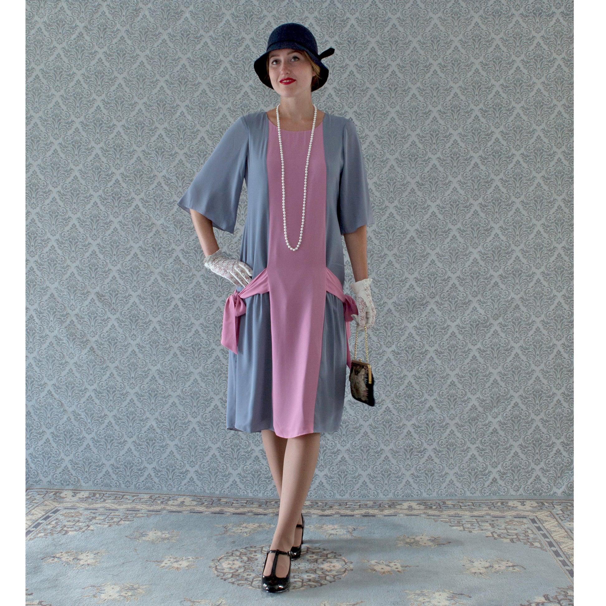 Grey chiffon dress with orchid pink details with elbow sleeves - a roaring 20s inspired dress