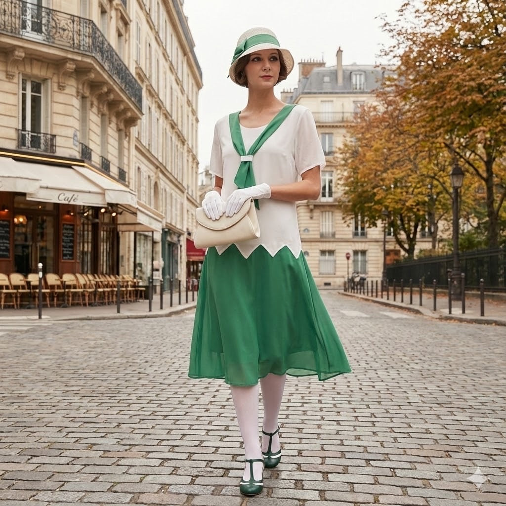 1920s-style dress in off-white & jade green chiffon with zigzag detail – LaVieDelight