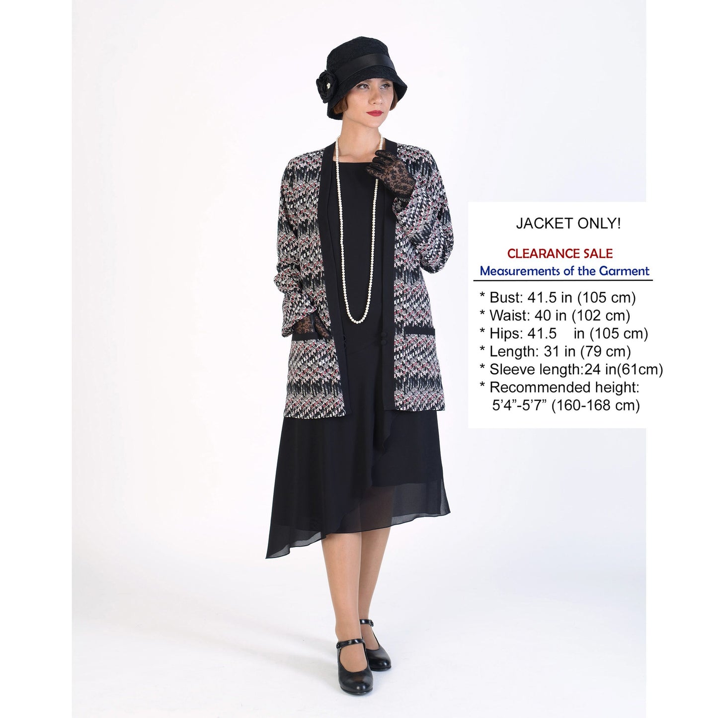 CLEARANCE: Vintage-inspired chiffon 1920s jacket in black, white and red