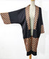 Satin kimono robe with shawl lapel in black and brown geometric print, a 1920s inspired loungewear