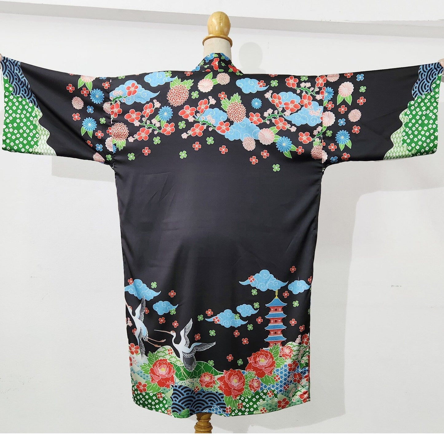 Oriental inspired black kimono robe with Japanese art print