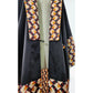 Satin kimono robe with shawl lapel in black and brown geometric print