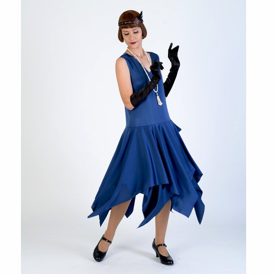 Dark blue satin 1920s evening dress with handkerchief skirt