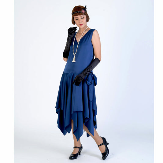Dark blue satin 1920s evening dress with handkerchief skirt - a vintage-inspired Roaring Twenties dress