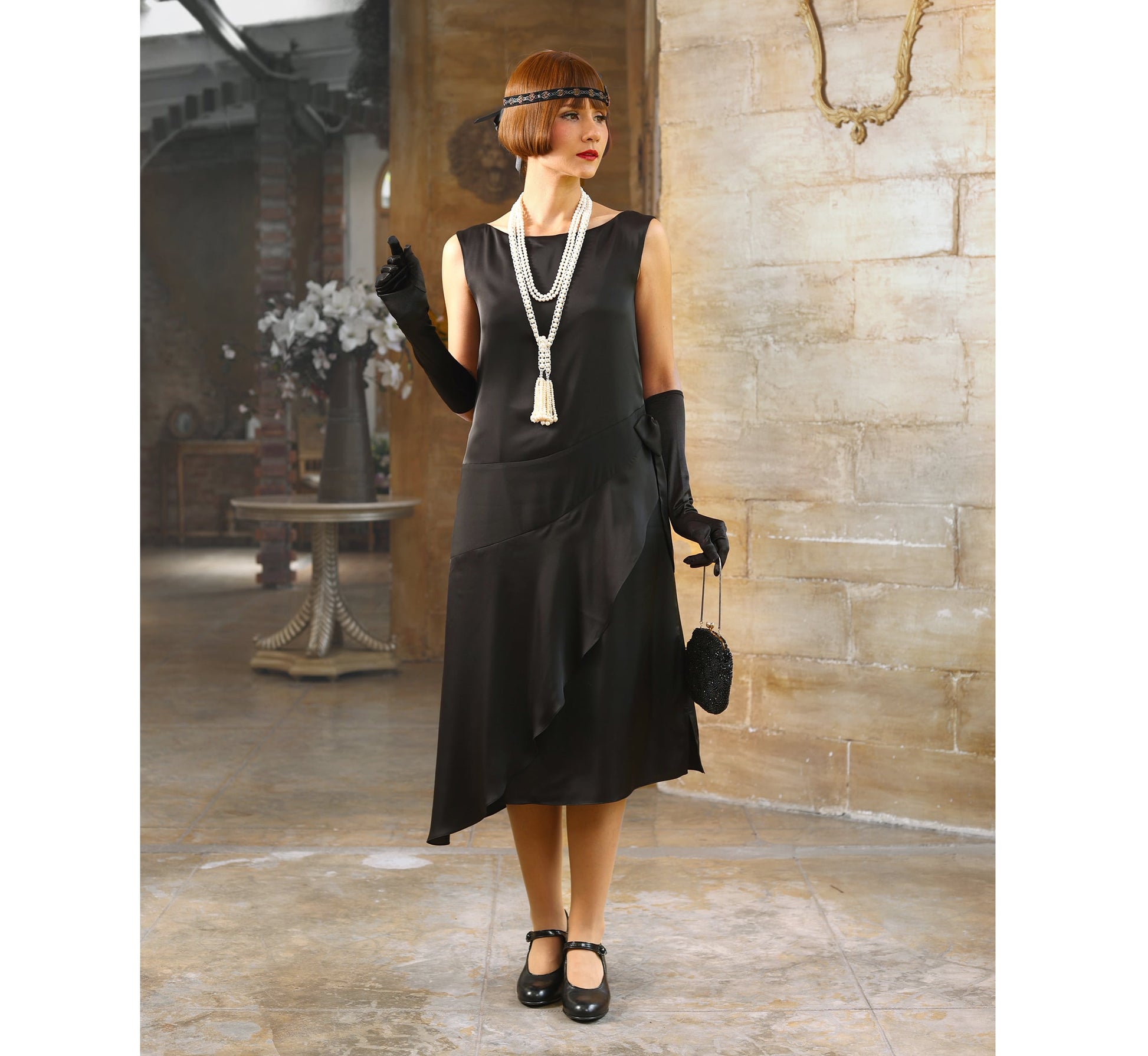 Boat neck little black Great Gatsby satin party dress Boat neck little black Great Gatsby satin party dress