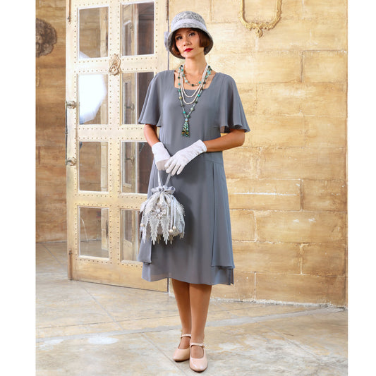 Grey Great Gatsby high tea dress with butterfly sleeves - a vintage-inspired Roaring Twenties dress