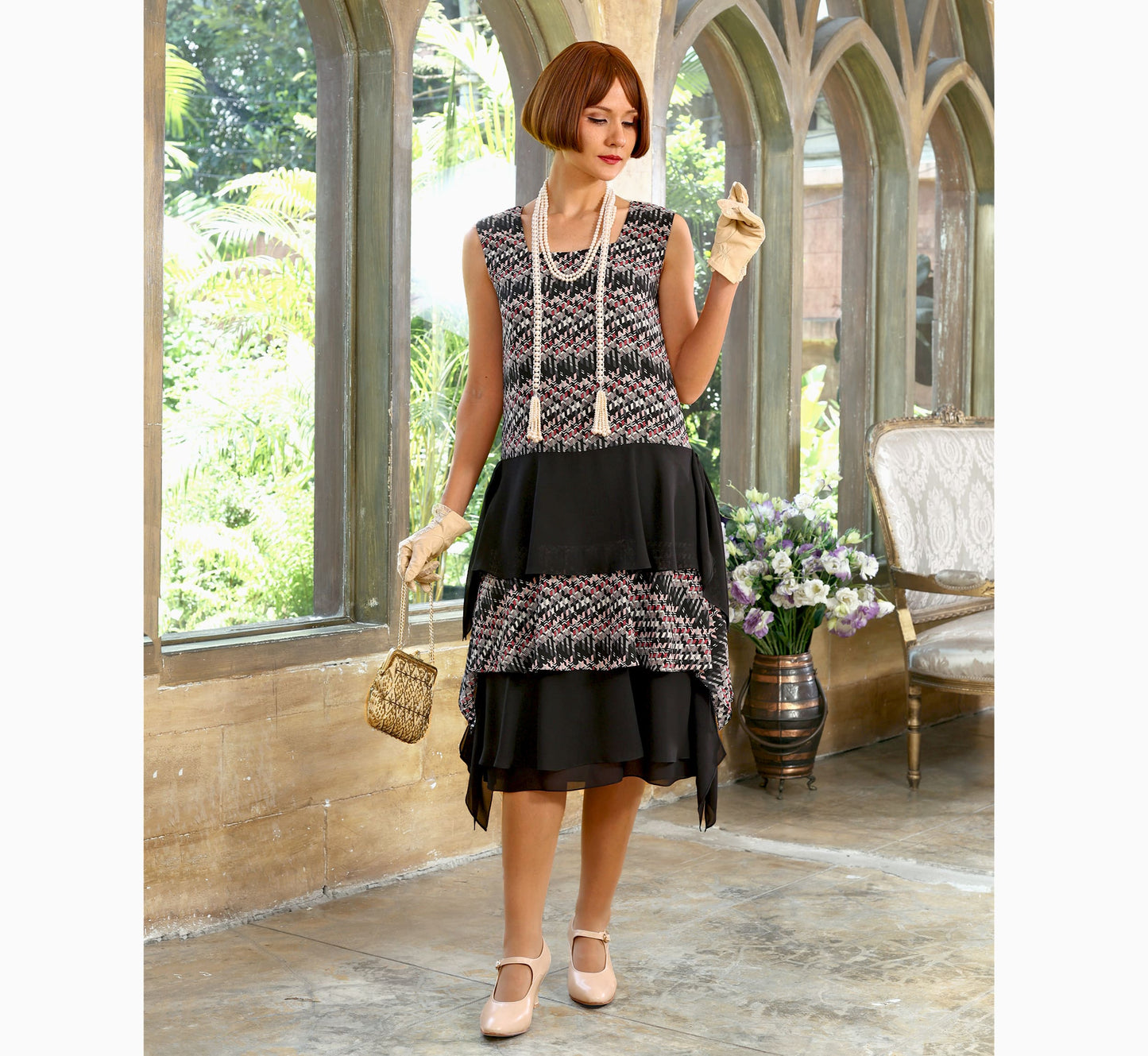 1920s Great Gatsby dress in black & printed chiffon with layered skirt