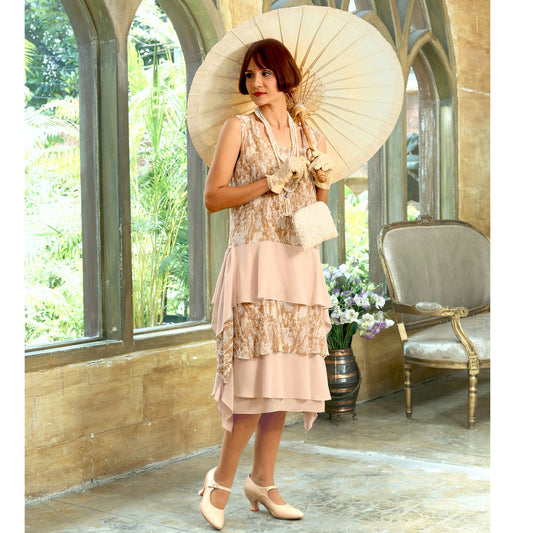 Brown and nude Gatsby party dress with layered skirt - a vintage-inspired Roaring Twenties dress