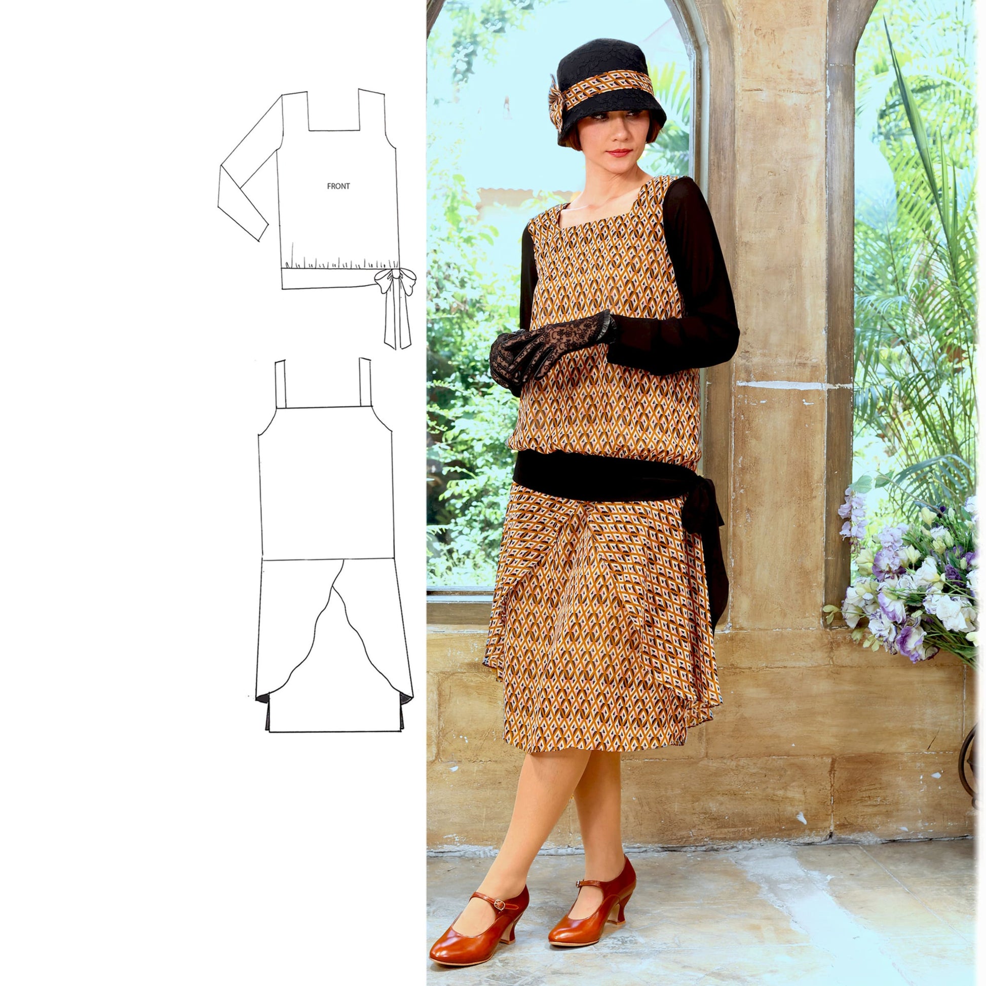 Two-piece 1920s dress in printed brown and black - a vintage-inspired Roaring Twenties dress