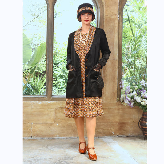 Black/brown 20s satin jacket - or 2-piece ensemble with tiered dress - a vintage-inspired Roaring Twenties jacket