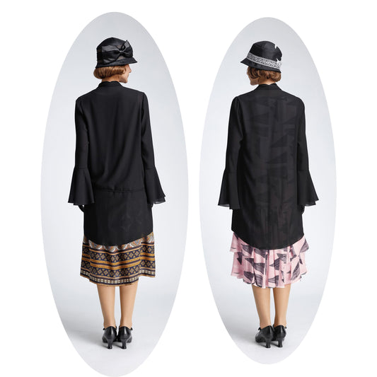 Great Gatsby jacket with cascade collar made of black chiffon. The 1920s jacket can be worn as a flapper jacket, high tea cardigan or Downton Abbey jacket.