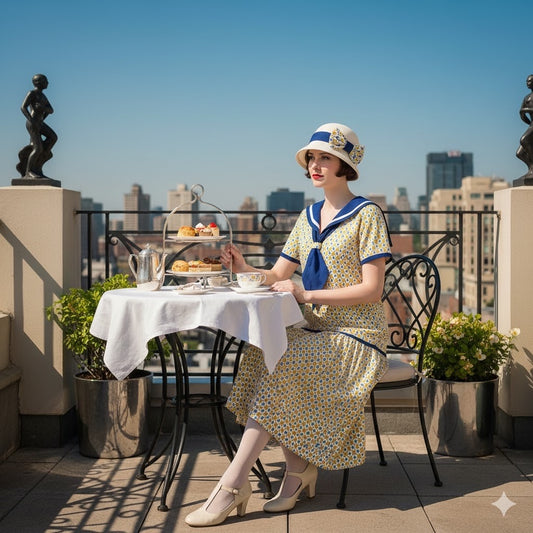 Sailor-style 1920s dress in mustard diamond print and blue neckline