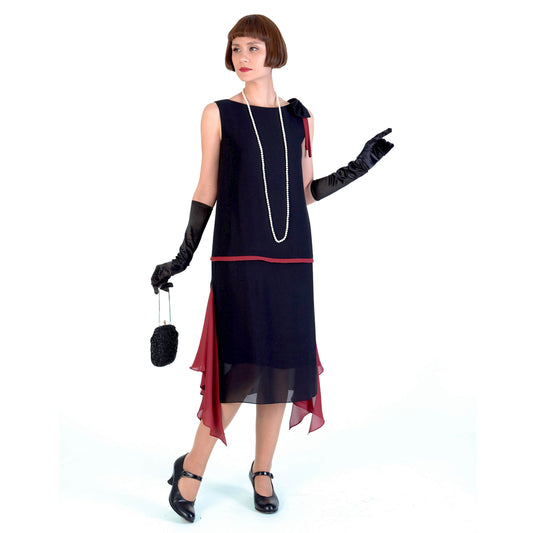 1920s black party dress with red details and shoulder bow - a Roaring Twenties dress