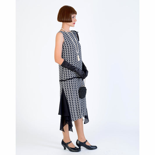Black and white 1920s dress with solid black chiffon details and shoulder bow. Can be worn as Great Gatsby dress, flapper dress or Downton Abbey dress.
