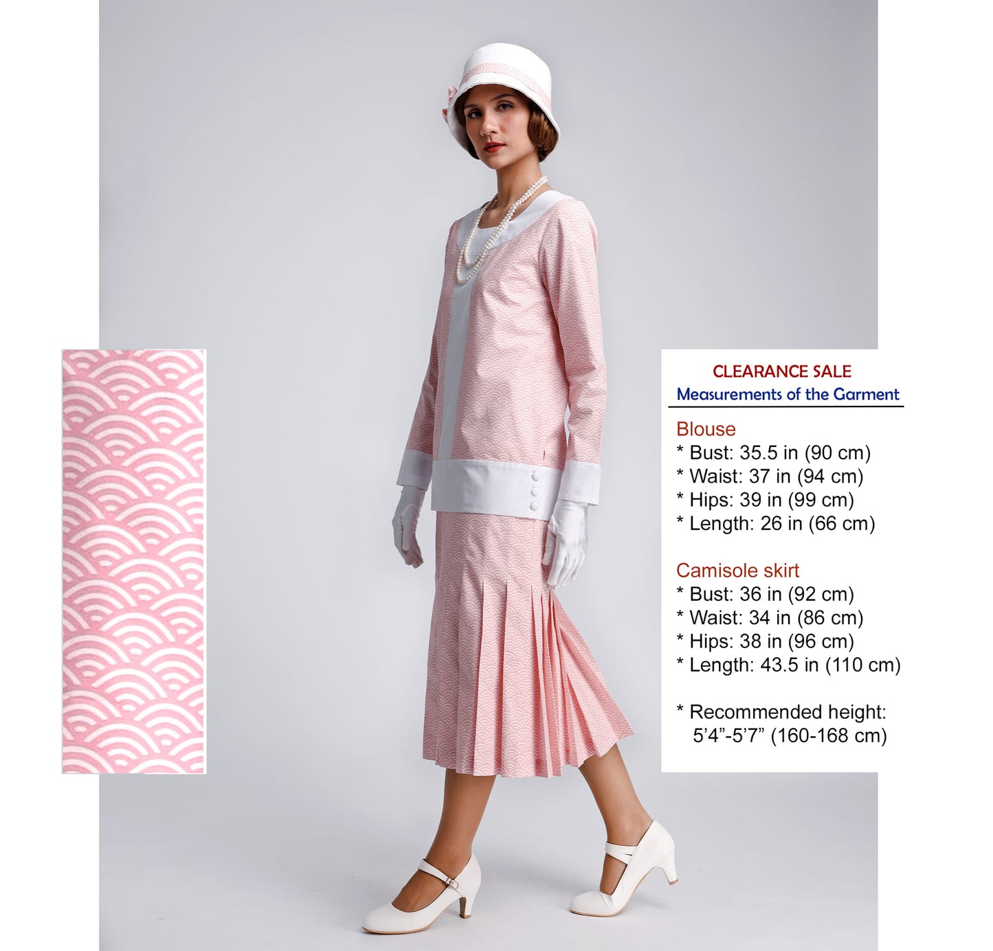 CLEARANCE: Pink Cotton 2-Piece 1920s Dress with Off-White Details and Pleated Skirt