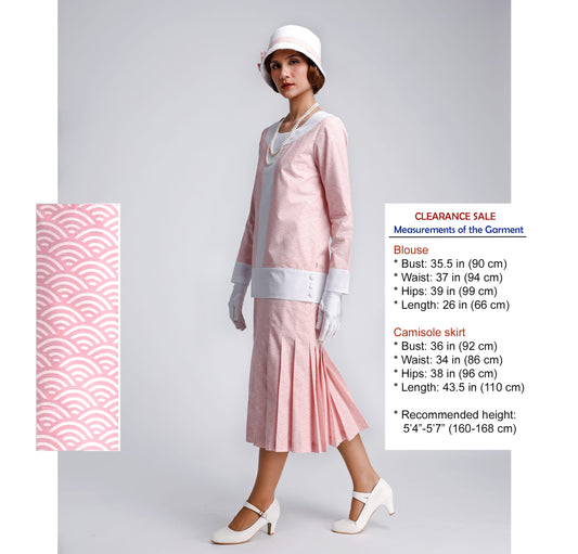 CLEARANCE: Pink Cotton 2-Piece 1920s Dress with Off-White Details and Pleated Skirt