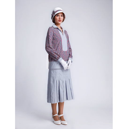 CLEARANCE: 1920s Cotton 2-Piece Gatsby Day Dress in Solid Grey and blue/red/grey print