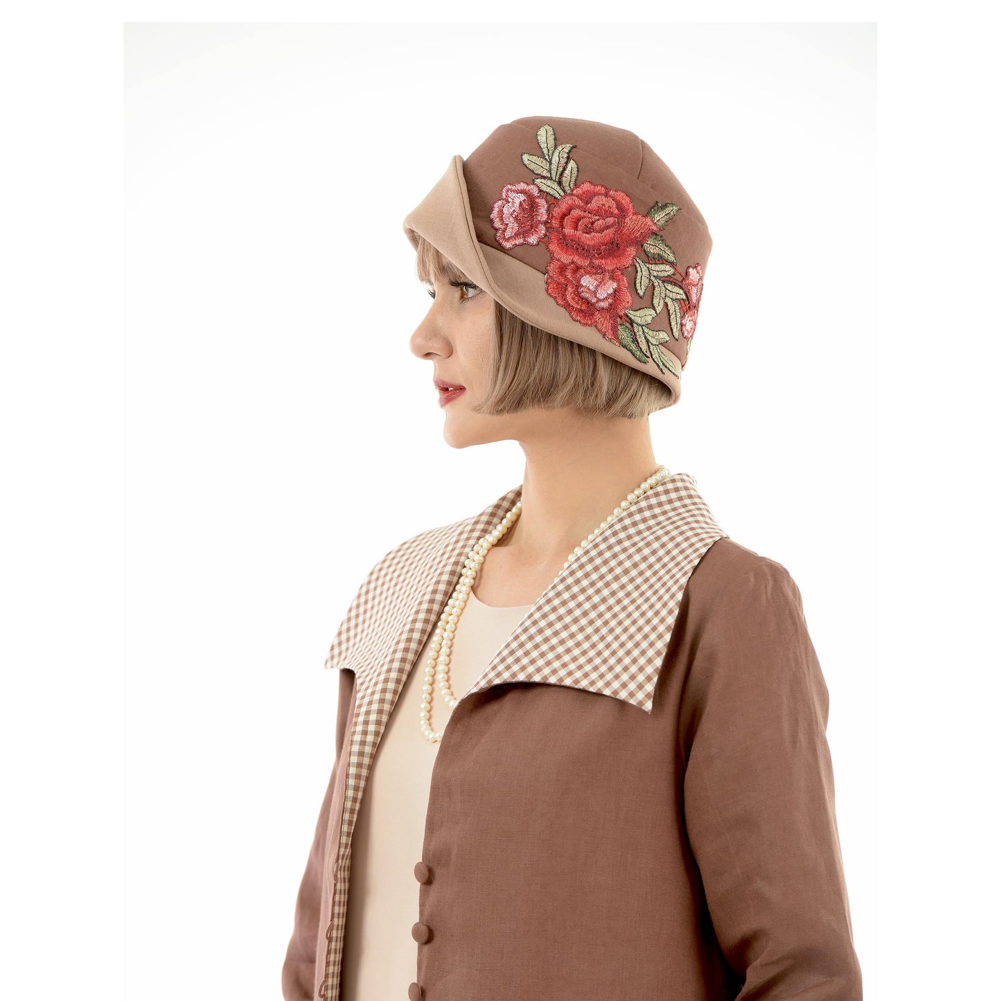 2-tone brown linen Great Gatsby cloche hat