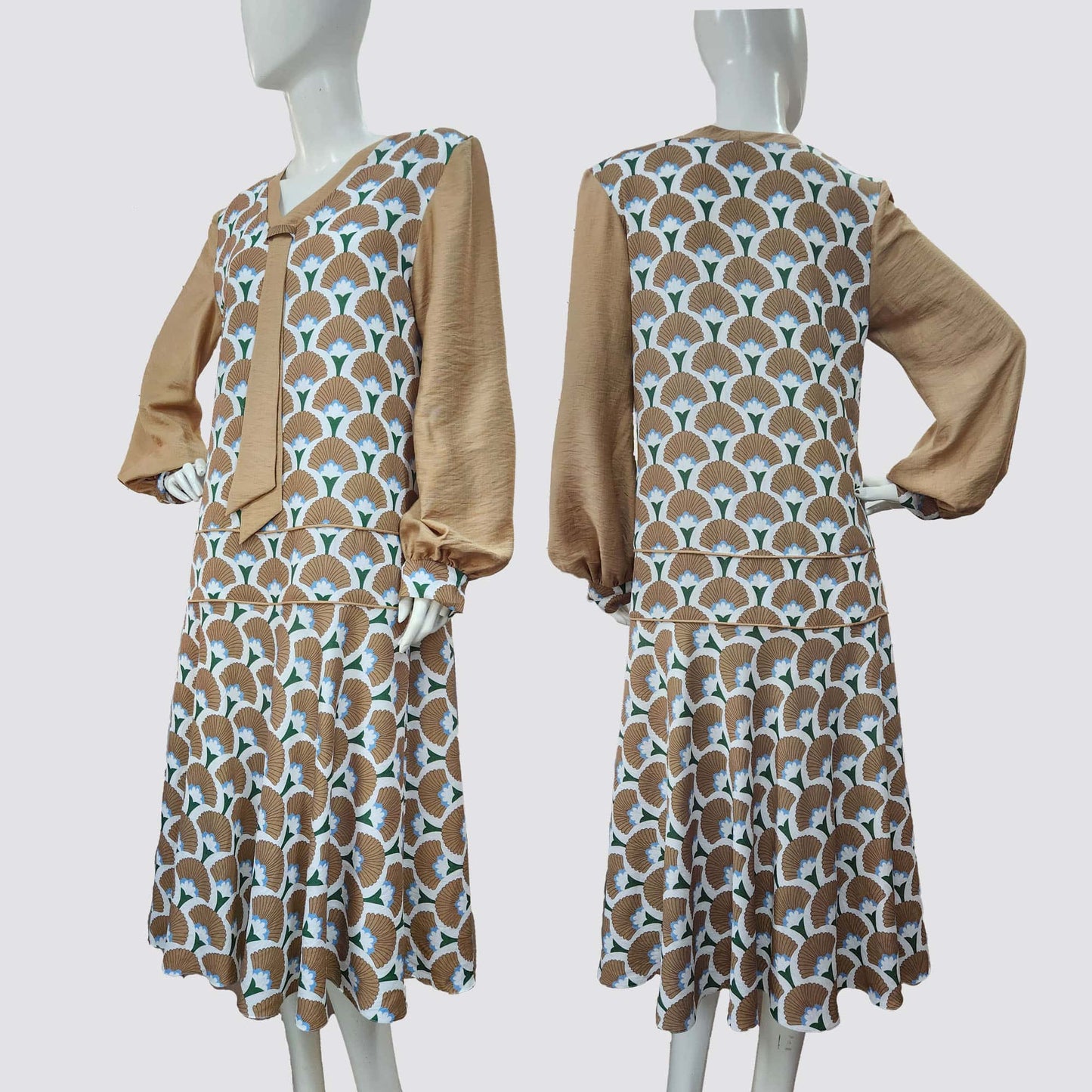 1920s-inspired rayon dress with a warm brown Art Deco palm leaf print