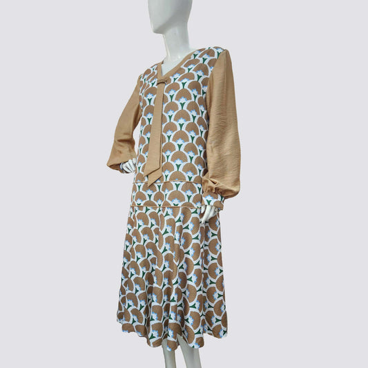 1920s-inspired rayon dress with a warm brown Art Deco palm leaf print