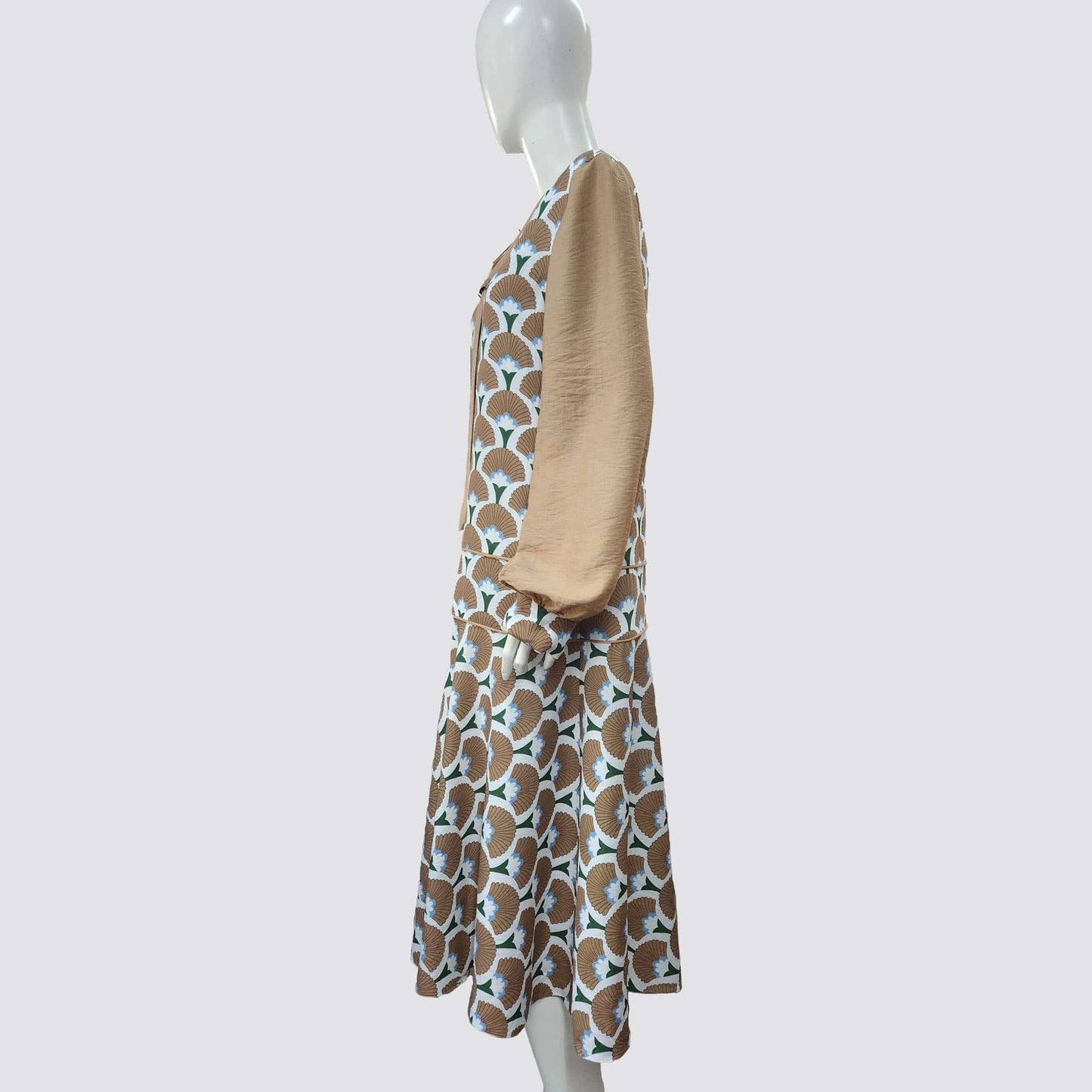 1920s-inspired rayon dress with a warm brown Art Deco palm leaf print