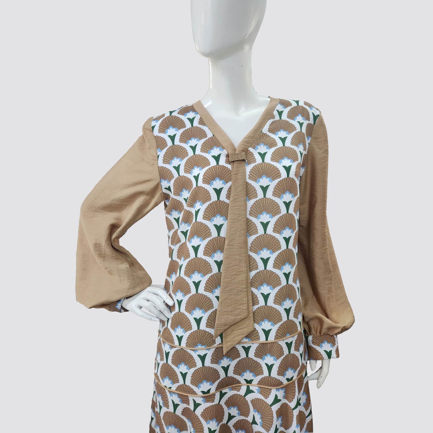 1920s-inspired rayon dress with a warm brown Art Deco palm leaf print