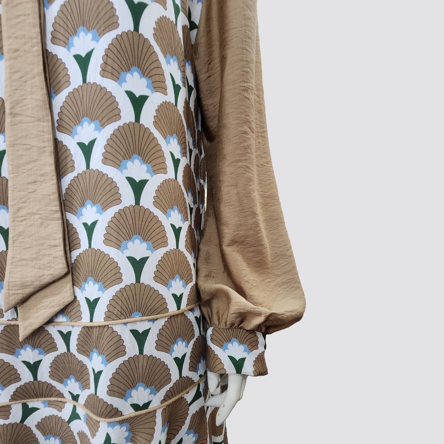 1920s-inspired rayon dress with a warm brown Art Deco palm leaf print