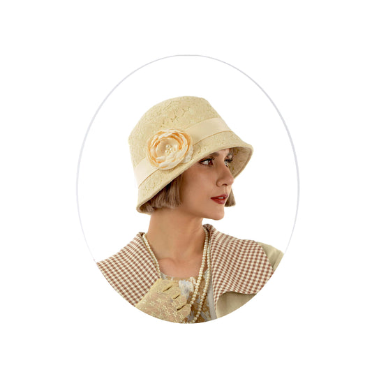 Cream colored cotton 1920s cloche hat with cream lace - a vintage-inspired cloche hat