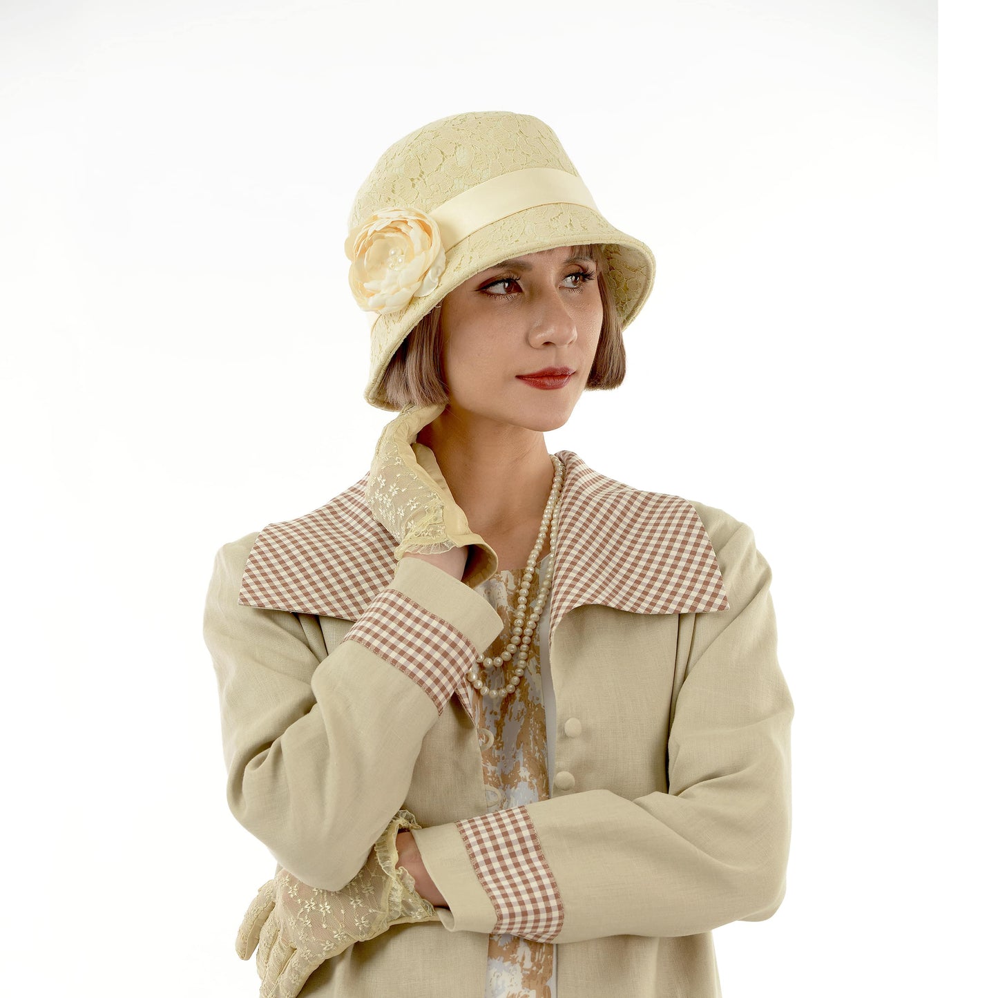 Cream colored cotton cloche hat covered with cream lace. The 1920s hat can be worn as a Great Gatsby hat, flapper hat or 1920s high tea hat