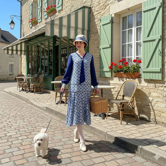 Stunning Blue Fan print 1920s Dress in Art Deco rayon blend design