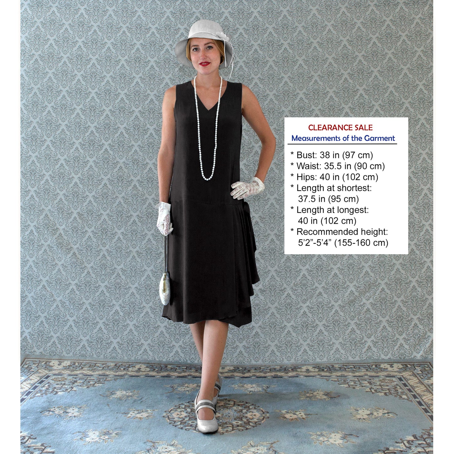 CLEARANCE: V-neck black flapper dress wth drape and bow