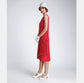 Red chiffon party dress with drape and bow