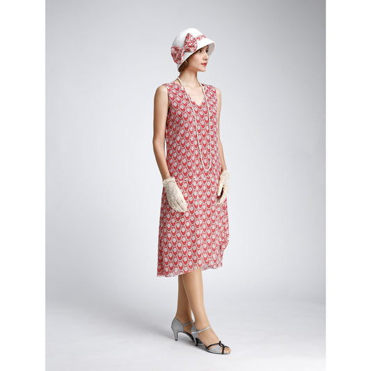 1920s dress in red deco print with drape and bow. This 1920s fashion can be worn as Great Gatsby summer dress, Downton Abbey dress or high tea dress.