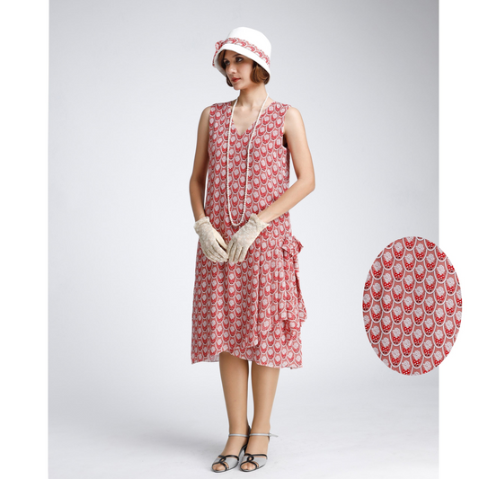 Red deco printed chiffon 1920s dress with drape and bow - a roaring 20s inspired dress