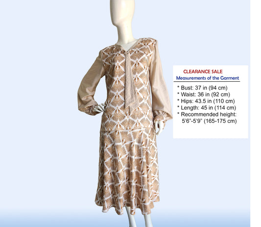 CLEARANCE: Brown Feather Rayon Blend Art Deco dress with beige sleeves