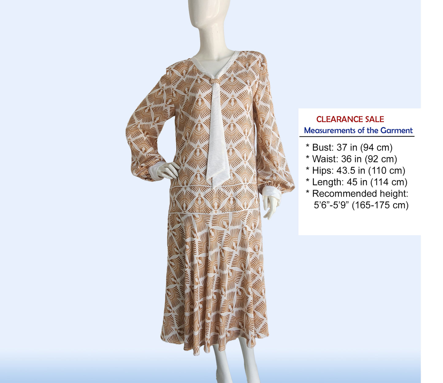 CLEARANCE: Art Deco dress with a brown feather print in soft rayon blend