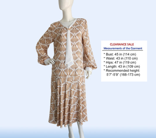 CLEARANCE: Art Deco dress with brown feather print in soft rayon blend