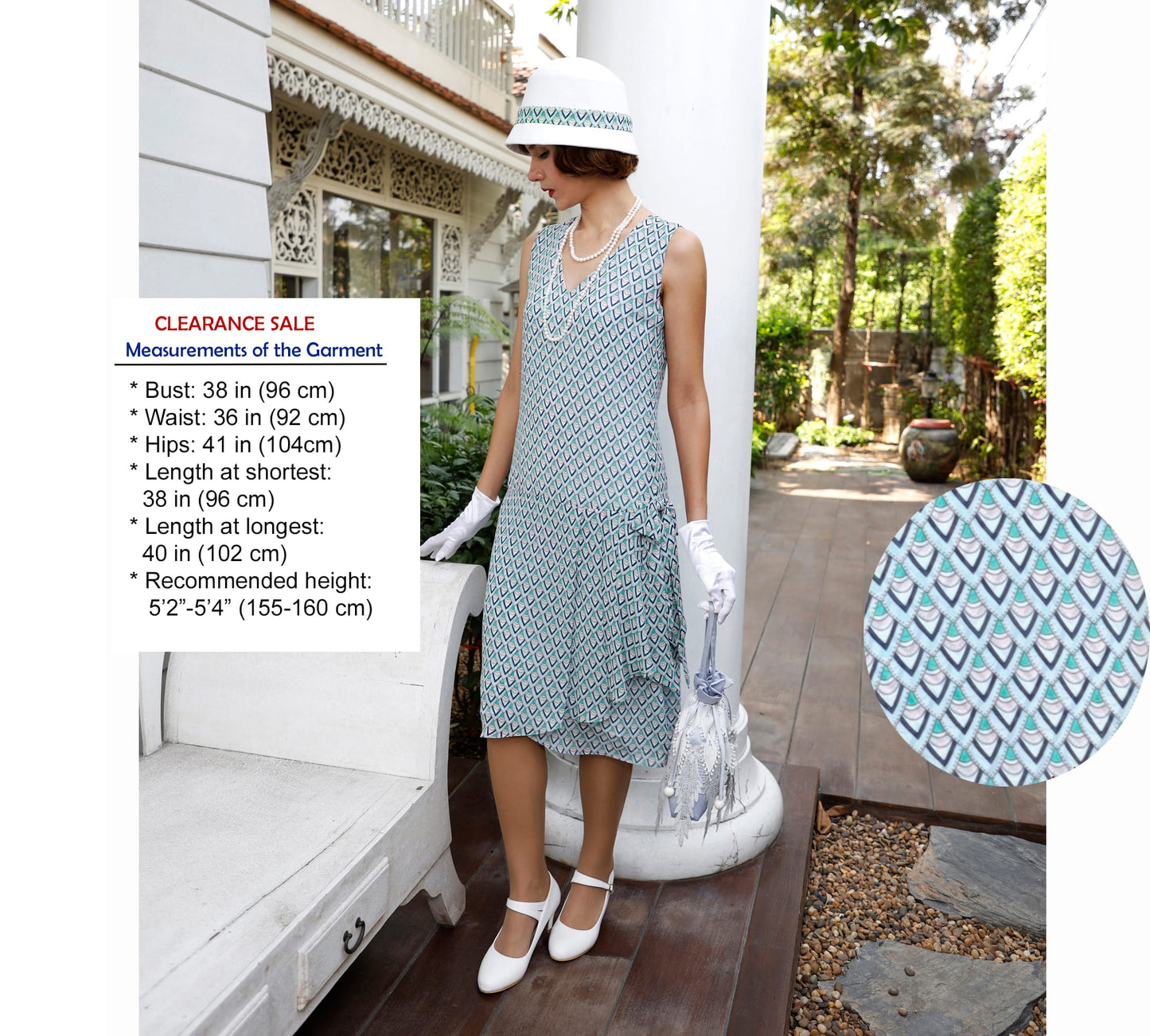 CLEARANCE: Chiffon 1920s dress in light blue deco print with drape and bow