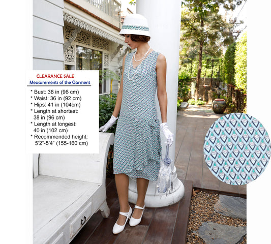 CLEARANCE: Chiffon 1920s dress in light blue deco print with drape and bow