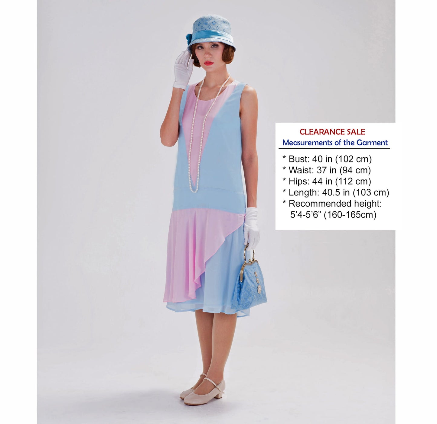 CLEARANCE: Light Blue Pink 1920s Gatsby Day Dress in Drop Waist Style
