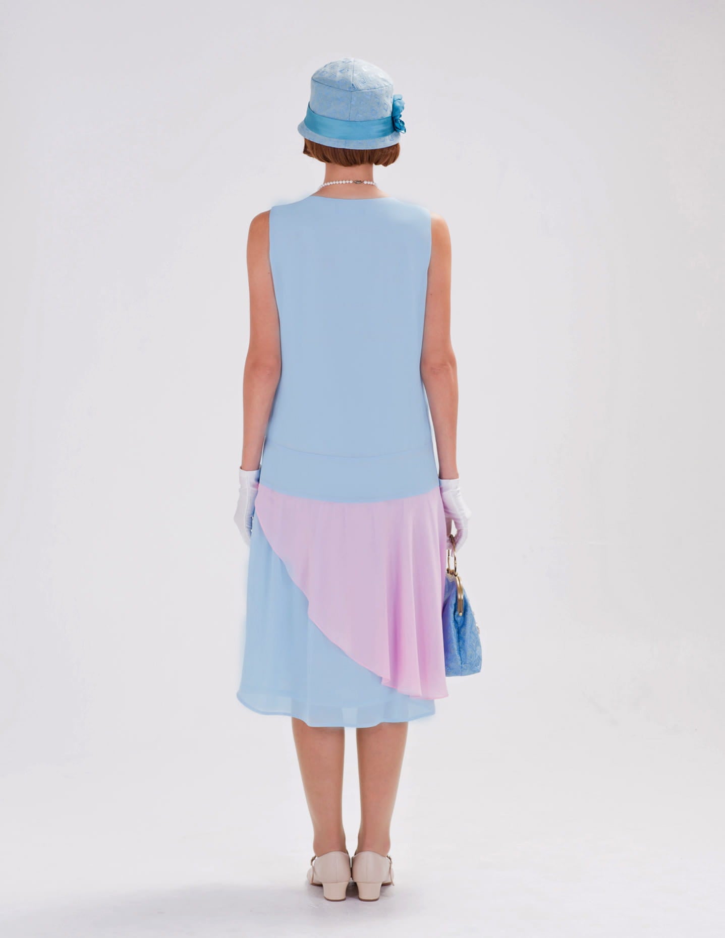 CLEARANCE: Light Blue Pink 1920s Gatsby Day Dress in Drop Waist Style