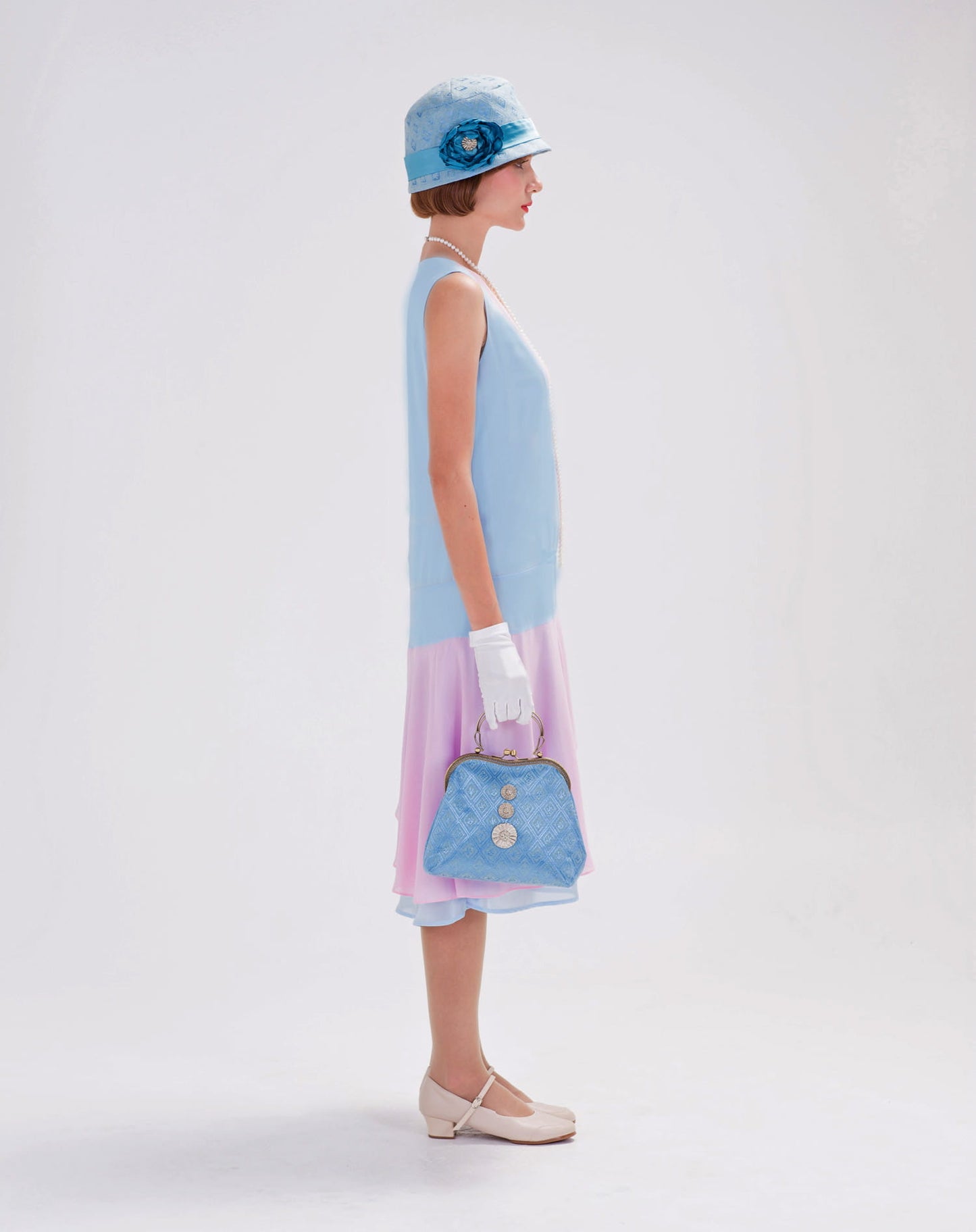 CLEARANCE: Light Blue Pink 1920s Gatsby Day Dress in Drop Waist Style