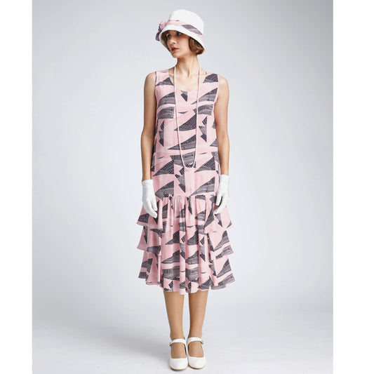 A darling pink and black 1920s rayon dress with tiered skirt - a vintage-inspired Roaring Twenties dress