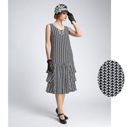1920s black and white viscose rayon art deco dress with tiered skirt - a Roaring Twenties dress